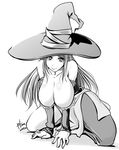  1girl bare_shoulders breasts cleavage curvy detached_sleeves dragon&#039;s_crown dragon's_crown female hat huge_breasts kneeling long_hair monochrome patimon simple_background solo sorceress_(dragon&#039;s_crown) sorceress_(dragon's_crown) white_background witch_hat 