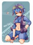  blue_hair blush carracosta fingerless_gloves gen_5_pokemon gloves goggles goggles_on_head personification pokemon red_eyes short_hair solo squiggle takamura 