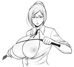  1girl breast_suppress breasts breasts_outside glasses highres huge_breasts kangoku_gakuen monochrome muronaga_chaashuu nipple_slip nipples open_clothes open_shirt pixiv_manga_sample prison_school resized riding_crop shiraki_meiko shirt solo teacher 