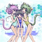  alternate_color_school_swimsuit animal_ears cat_ears cat_tail fang green_eyes green_hair green_swimsuit grey_eyes grey_hair hairband honeycomb_(pattern) honeycomb_background kemonomimi_mode komeiji_koishi komeiji_satori mouse_ears mouse_tail multiple_girls nanashii_(soregasisan) nazrin no_hat no_headwear one-piece_swimsuit open_mouth purple_eyes purple_hair school_swimsuit short_hair siblings sisters smile swimsuit tail touhou yellow_swimsuit 