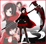  bad_id bad_pixiv_id black_eyes boots border cape character_name chibi closed_eyes cookie crescent_rose cross eating food gradient gradient_background headphones jimauso multiple_persona pantyhose petticoat red_border red_hair ruby_rose rwby scythe shadow short_hair sparkle weapon 