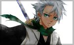  bad_id bad_pixiv_id bleach border green_eyes haori hitsugaya_toushirou japanese_clothes kor_(kaori-hisui) male_focus scarf solo sword weapon white_hair 