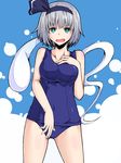  black_hairband blue_eyes breasts covered_navel hair_ribbon hairband hand_on_own_chest hitodama ishimu konpaku_youmu konpaku_youmu_(ghost) medium_breasts one-piece_swimsuit ribbon school_swimsuit short_hair silver_hair solo swimsuit touhou 