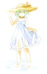  alternate_costume backlighting chaba_(hortensia) dress green_eyes green_hair hand_on_headwear hat komeiji_koishi looking_at_viewer see-through silver_hair sleeveless sleeveless_dress smile solo straw_hat sundress touhou water white_background 