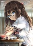  animal blue_eyes brown_hair cat desk eraser glasses green-framed_eyewear hair_ornament hands highres indoors lamp lips looking_at_viewer looking_back mechanical_pencil nail_polish original pencil pencil_case pisuke plaid plaid_scarf pointy_ears scarf school_uniform serafuku shirt short_sleeves smile solo star white_shirt 