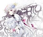  artist_name bad_id bad_pixiv_id bow dated dress earrings flower flower_bracelet grey_hair hair_flower hair_ornament holding jewelry kotokoto_(vibgyor) light_smile long_hair looking_at_viewer original red_eyes solo veil very_long_hair wavy_hair white_background white_dress 