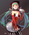  absurdres cat_food_(vocaloid) detached_sleeves green_hair hatsune_miku highres kinven long_hair microphone microphone_stand pantyhose project_diva_(series) project_diva_f skirt solo striped striped_legwear twintails vertical-striped_legwear vertical_stripes very_long_hair vocaloid yellow_eyes 