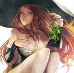  bad_id bad_pixiv_id breasts brown_eyes brown_hair cleavage detached_sleeves dragon's_crown frog hat huge_breasts long_hair robobitan_a solo sorceress_(dragon's_crown) white_background witch_hat 