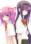  akemi_homura alternate_hair_length alternate_hairstyle bow comic dress_shirt hair_ribbon hairband kaname_madoka long_hair mahou_shoujo_madoka_magica multiple_girls pink_eyes pink_hair purple_eyes purple_hair ribbon school_uniform shirt skirt tama_two_(fukuya) twintails 