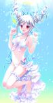  :d bikini bikini_skirt bracelet breasts cleavage fish grey_hair highres hinayuki_usa idolmaster idolmaster_cinderella_girls jewelry kanzaki_ranko long_hair lowleg lowleg_bikini medium_breasts open_mouth red_eyes smile solo swimsuit twintails underwater white_bikini 