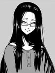  bare_shoulders blush buttons character_request copyright_request glasses greyscale lips long_hair monochrome sidelocks smile task_(artist) tsurime very_long_hair 