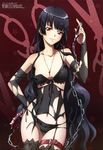  absurdres bdsm black_hair black_legwear bra chain collar cuffs detached_sleeves garter_straps handcuffs highres inu_to_hasami_wa_tsukaiyou long_hair megami natsuno_kirihime navel non-web_source official_art panties red_eyes satou_youko scan solo strap_slip thighhighs torn_clothes underwear very_long_hair 