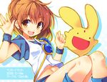  :d arle_nadja brown_eyes brown_hair carbuncle_(puyopuyo) chiri_(atlanta) madou_monogatari midriff navel open_mouth puyopuyo short_hair sitting smile solo waving wristband 