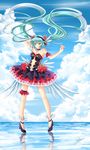  aqua_hair arm_up armpits choker cloud day flower garters green_eyes hair_flower hair_ornament hatsune_miku headset high_heels highres long_hair navel pigeon-toed skirt sky smile solo tutu twintails very_long_hair villyane vocaloid 