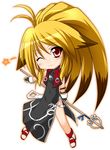  :3 ahoge animal_ears blonde_hair chibi china_dress chinese_clothes dress fingerless_gloves gloves kazami_karasu long_hair multicolored_hair namco_x_capcom one_eye_closed red_eyes side_slit two-tone_hair weapon xiaomu 