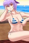  ai_(silvertone) ayane_(doa) bad_id bad_pixiv_id beach bikini breasts chin_rest cleavage crossed_legs day dead_or_alive headband large_breasts ocean purple_hair red_eyes short_hair side-tie_bikini sitting solo striped striped_bikini striped_swimsuit swimsuit 