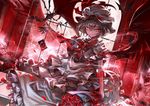  banned_artist bat bat_wings bouquet bow card dress evil_smile flower hat hat_ribbon jewelry kozou_(soumuden) lavender_hair looking_at_viewer mob_cap open_mouth outstretched_arm petals red_eyes remilia_scarlet ribbon rose short_hair smile solo spell_card touhou window wings 