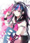  bad_id bad_pixiv_id black_hair danganronpa ear_piercing hair_twirling highres lip_piercing long_hair mioda_ibuki multicolored_hair open_mouth piercing pink_eyes pink_hair school_uniform serafuku skirt solo sss3 super_danganronpa_2 thighhighs torn_clothes torn_legwear 