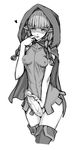  blush boots braid breasts cloak covered_nipples dragon's_crown elf elf_(dragon's_crown) erection finger_in_mouth futanari greyscale heart hood large_penis long_hair monochrome no_pants penis pointy_ears precum small_breasts solo task_(artist) taut_clothes thigh_boots thighhighs twin_braids veins veiny_penis 