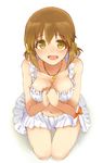  :d bikini breasts brown_eyes brown_hair cleavage flower from_above hagiwara_yukiho hair_flower hair_ornament hands_on_own_chest idolmaster idolmaster_(classic) jewelry kneeling looking_at_viewer looking_up medium_breasts necklace open_mouth short_hair smile solo star star_necklace swimsuit thigh_gap thighs twintails white_background yamakan_(anking) 