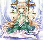 bad_id bad_pixiv_id blonde_hair bow center_opening curtains dress green_dress green_eyes hair_ribbon long_hair looking_at_viewer nanase_nao navel no_shoes open_clothes open_dress original ribbon short_sleeves sitting smile solo thighhighs twintails very_long_hair wariza white_legwear wide_sleeves window zettai_ryouiki 