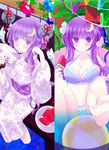  alternate_costume alternate_hairstyle ball beachball bikini blurry blush breasts cleavage crescent crescent_hair_ornament depth_of_field fan flower food fruit hair_ornament hair_ribbon highres japanese_clothes kimono koi large_breasts long_hair morning_glory no_hat no_headwear paper_fan patchouli_knowledge popsicle purple_eyes purple_hair ribbon shiromomo soaking_feet solo swimsuit touhou uchiwa wading_pool water watermelon watermelon_bar wind_chime yukata 