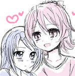  :d aida_mana bad_id bad_pixiv_id blue_hair blush couple dokidoki!_precure face heart hishikawa_rikka hotatete leaning_on_person lowres monochrome multiple_girls open_mouth pink_hair precure simple_background smile upper_body white_background yuri 