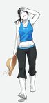  barefoot breasts capri_pants closed_eyes hat hat_removed headwear_removed holding holding_hat hot long_hair medium_breasts midriff nah pants ponytail solo spandex sun_hat sweat tank_top walking white_skin wii_fit wii_fit_trainer wiping_forehead 