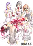  6girls black_hair blood brown_hair cannibalism chopsticks guro long_hair multiple_girls ponytail purple_hair twintails 