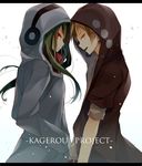  1girl brown_hair enomoto_hina green_hair hood hoodie kagerou_project kano_shuuya kido_tsubomi letterboxed long_hair red_eyes short_hair 