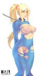  arms_behind_back bdsm blue_eyes bodysuit bondage bound breasts chain collar large_breasts leash lips long_hair md5_mismatch metroid nipples owler ponytail pussy samus_aran scrunchie sidelocks skin_tight solo spiked_collar spikes standing torn_bodysuit torn_clothes zero_suit 