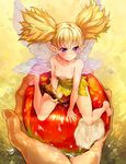  3: apple barefoot blonde_hair dragon's_crown error fairy food fruit hands highres minigirl pointy_ears por pov purple_eyes tiki_(dragon's_crown) water wings wrong_feet 