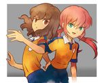  brown_eyes brown_hair green_eyes inazuma_eleven_(series) inazuma_eleven_go kirino_ranmaru male_focus mizuhara_aki multiple_boys open_mouth pink_hair raimon raimon_soccer_uniform shindou_takuto soccer_uniform sportswear twintails 