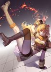  ahoge ask_(askzy) blonde_hair boots breasts cleavage fingerless_gloves gauntlets gloves long_hair long_legs medium_breasts midriff navel purple_eyes rwby solo yang_xiao_long yellow_eyes 