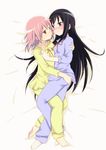  akemi_homura ass ass_grab barefoot bed blush bow frottage fujikawa_daichi grabbing_another's_ass groping hair_down hand_on_another's_chest highres hug kaname_madoka leg_between_thighs long_hair lying mahou_shoujo_madoka_magica multiple_girls official_style on_bed on_side pajamas pink_eyes pink_hair purple_eyes purple_hair yuri 