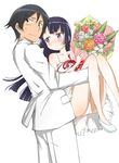  1girl bad_id bad_pixiv_id black_eyes black_hair blue_eyes blush bouquet carrying couple dress flower formal gokou_ruri hetero hime_cut hiramatsu_hideki kousaka_kyousuke long_hair mole mole_under_eye ore_no_imouto_ga_konna_ni_kawaii_wake_ga_nai panties pantyshot princess_carry purple_eyes short_hair suit sweatdrop tuxedo underwear wedding_dress 