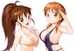  &gt;:) :d bikini bikini_top blush breasts brown_eyes brown_hair cleavage crescent_moon crossover idolmaster idolmaster_cinderella_girls katagiri_sanae large_breasts long_hair looking_at_viewer moon multiple_girls one-piece_swimsuit onsoku_maru open_mouth orange_eyes orange_hair ponytail salute shiny shiny_skin short_hair short_twintails sideboob smile strap_gap striped striped_bikini striped_swimsuit swimsuit taneshima_popura twintails underboob upper_body v-shaped_eyebrows working!! 