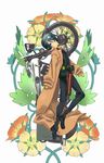  androgynous belt brough_superior coat flower green_eyes green_hair gun hermes holster kino kino_no_tabi long_sleeves plant reverse_trap sae_(pixiv2763150) short_hair weapon 