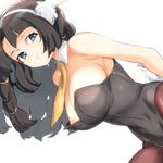  bare_shoulders bent_over black_hair black_legwear blue_eyes blush braid breasts bunny_girl bunny_tail bunnysuit detached_collar feathers hair_feathers hair_ornament la_mulana large_breasts long_hair looking_at_viewer mulbruk naso4 necktie nipple_slip nipples pantyhose smile solo tail 