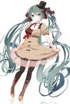  belt boots dress ennui_heiwa_miku full_body green_eyes green_hair hair_ribbon hat hatsune_miku long_hair mini_hat mini_top_hat moegi0926 pantyhose ribbon simple_background skirt_hold solo top_hat twintails very_long_hair vocaloid white_background 