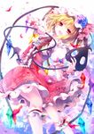  ascot backlighting blonde_hair fang flandre_scarlet flower hat hat_flower hat_ribbon kneehighs laevatein looking_at_viewer mob_cap open_mouth petals puffy_sleeves red_eyes ribbon riichu shirt short_sleeves side_ponytail skirt skirt_set smile solo touhou vest white_legwear wings wrist_cuffs 