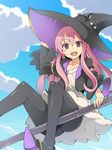  :d atelier_(series) atelier_escha_&amp;_logy black_legwear cloud collarbone day dress from_below hand_on_headwear hat long_hair open_mouth pantyhose pink_eyes pink_hair shamanwer sitting sky smile solo staff white_dress wilbell_voll=erslied witch witch_hat 