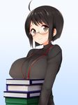  :&gt; ahoge binder black_hair book box breast_rest breasts brown_eyes carried_breast_rest covered_nipples glasses kaisen_chuui large_breasts no_bra see-through servant_x_service short_hair solo sweater yamagami_lucy 