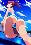  ass barefoot blush cameltoe competition_swimsuit feet free! from_behind from_below highres kaburaya_seiden looking_back matsuoka_gou one-piece_swimsuit open_mouth partially_visible_vulva ponytail red_eyes red_hair short_hair soles solo swimsuit toes 