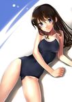  bare_shoulders blush breasts brown_hair competition_school_swimsuit cowboy_shot katahira_masashi large_breasts long_hair looking_at_viewer lying on_side one-piece_swimsuit original school_swimsuit smile solo swimsuit 