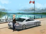  artist_name blonde_hair blue_eyes canada canadian_flag car casual cloud dated day denim erica_hartmann flag flagpole ground_vehicle highres jeans kanokoga motor_vehicle niagara_falls nissan_gt-r older pants short_hair sky solo strike_witches water waterfall wide_shot world_witches_series 