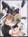  2boys 90s brown_hair cap duo_maxwell gundam gundam_wing heero_yui heero_yuy highres long_hair mecha multiple_boys official_art oldschool oobari_masami robot signature simple_background wing_gundam_zero 