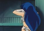  1girl 80s animated animated_gif arm_up arms_up blue_hair dirty_pair long_hair lowres navel oldschool shorts yuri_(dirty_pair) 