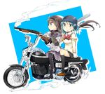  akemi_homura argyle argyle_legwear baseball_bat baseball_helmet black_hair blue_eyes blue_hair chi_(chiwa) ground_vehicle gun hairband helmet long_hair magical_girl mahou_shoujo_madoka_magica miki_sayaka motor_vehicle motorcycle multiple_girls pantyhose purple_eyes school_uniform shield short_hair shotgun weapon 