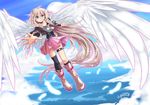  blue_eyes boots ia long_hair signed skirt sky thighhighs twintails vocaloid white_hair wings 